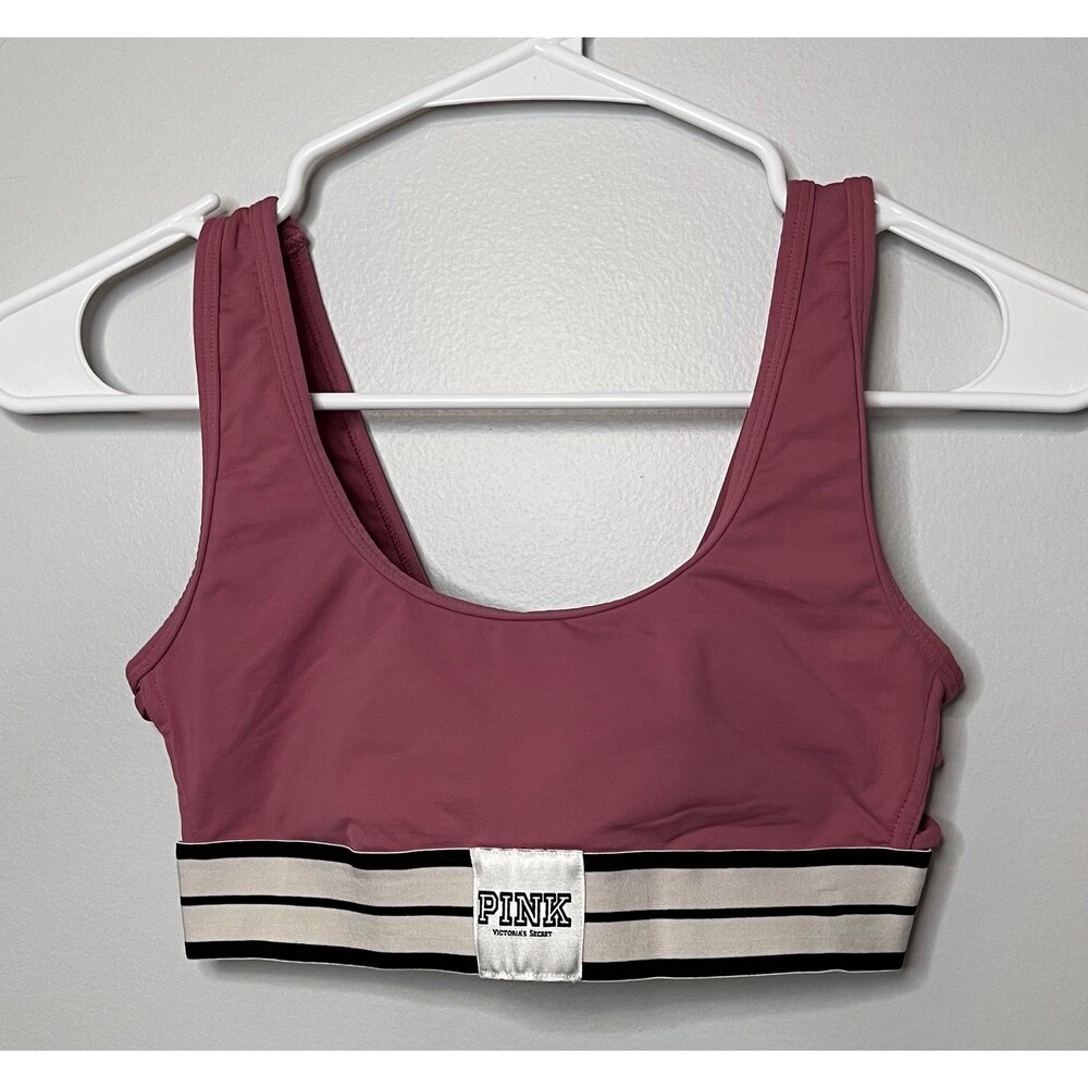 PINK Victoria’s Secret Sports Bra XS Mauve Slip-On Black White Striped Band
